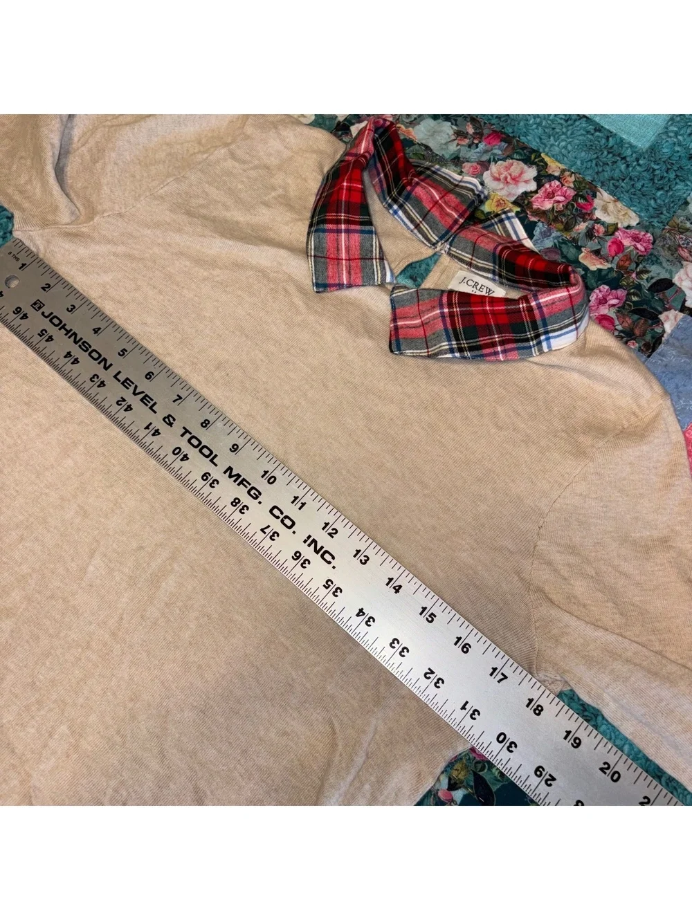 J.Crew Woman’s Small Beige Sweater with Red Plaid Collar and Hem Detail, Outdoor